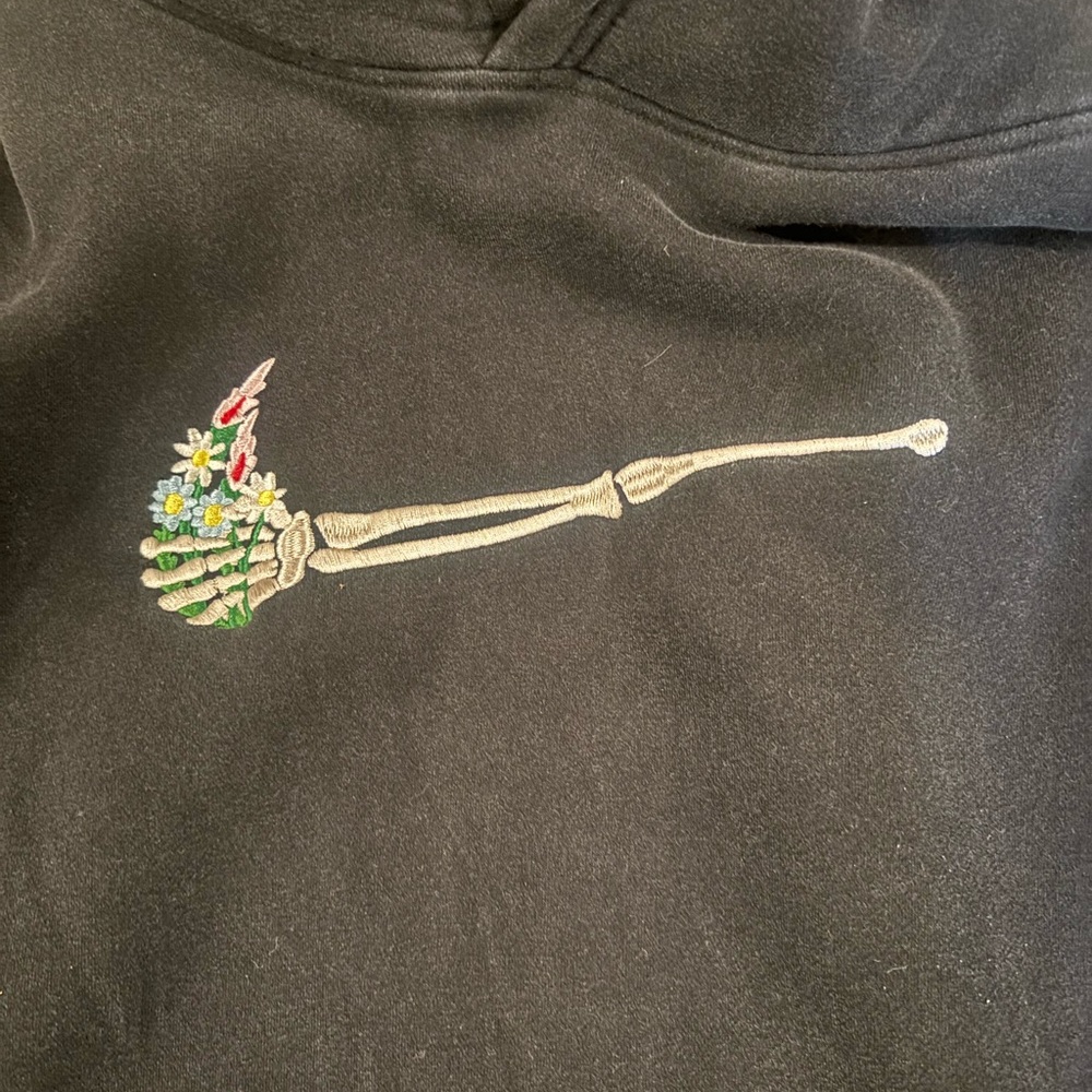 Black Hoodie with Skeleton and Floral Embroidery